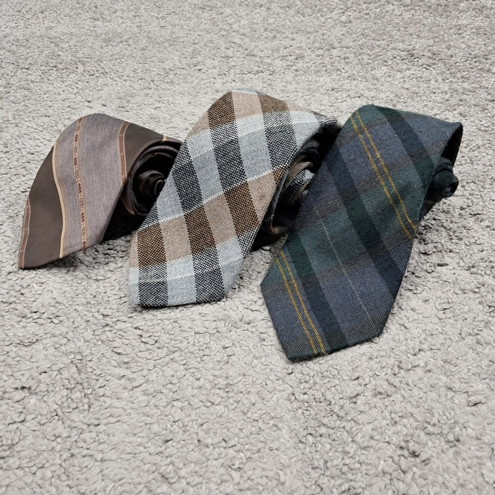 2727 Collection Mens Plaid Tie Bundle of 3 Green Blue Yellow Acrylic‎ USA Made